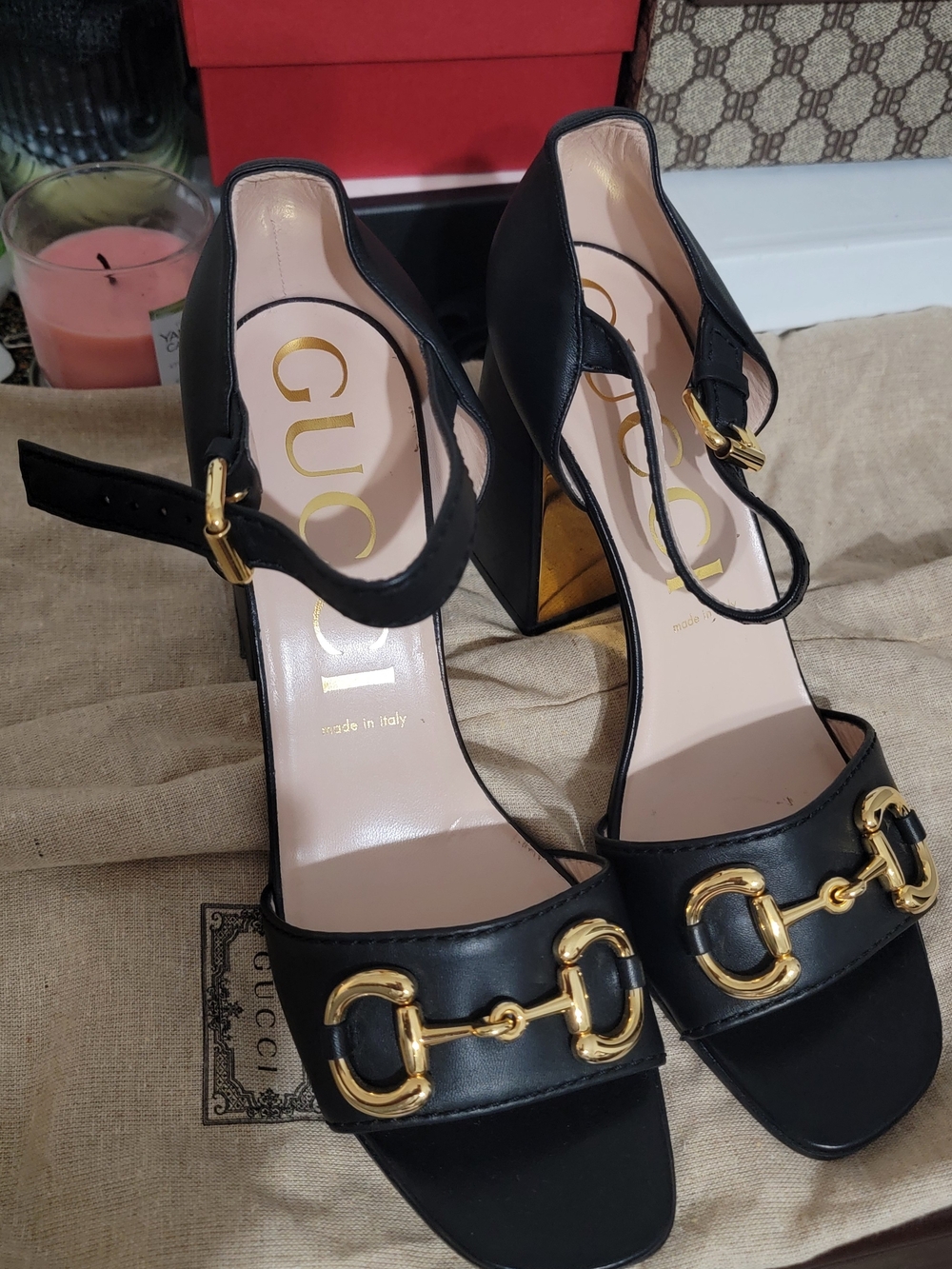 Gucci Black Leather Block Heel Sandals with Gold Horsebit